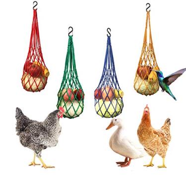 Imagem de 4 pçs saco de cordão de vegetais de frango, suporte de frutas de aves, alimentador de repolho de frango, ferramenta de alimentação com gancho para galinheiro, brinquedo para galinha, ganso, pássaros grandes (vermelho + amarelo + verde + azul)