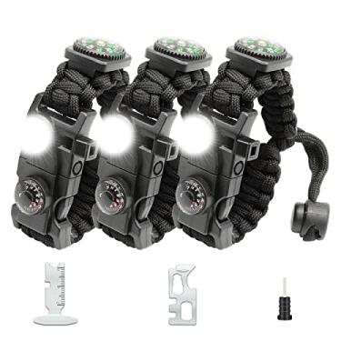 Imagem de NVioAsport Pulseira de paraquedista de sobrevivência 20 em 1, kit de engrenagem ajustável com luz LED SOS, acendedor de fogo, bússola maior, apito de sobrevivência, perfeito para acampamento, caminhada, pesca (3 peças pretas)..