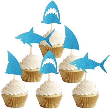 Imagem de ALISSAR 24-pack Glitter Shark Cupcake Toppers, Shark Fin Cupcake Toppers, Shark Themed Party Supplies Decorations Baby Shower Birthday Favor.