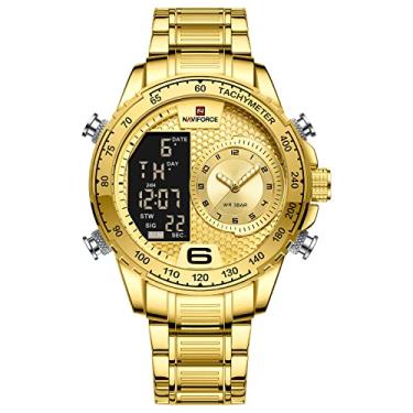 Imagem de Relógio masculino analógico digital de quartzo com visor duplo e multifuncional, relógios de pulso de aço inoxidável, Dourado