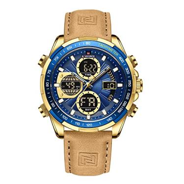 Imagem de NAVIFORCE Relógio de pulso masculino militar digital analógico de quartzo à prova d'água esportivo multifuncional de couro, ouro + azul, Tendência
