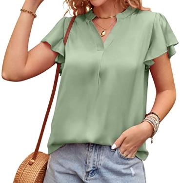 Imagem de Blusa feminina casual de manga curta, camiseta com gola em V para o verão, lisa, com babados, manga de trabalho, verde, M (busto: 102 cm)