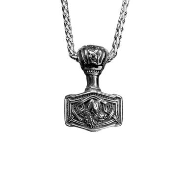 Imagem de Colar Masculino Nórdico Mjolnir Cordão Fenrir Viking Aço Inoxidavel Cor:Prata