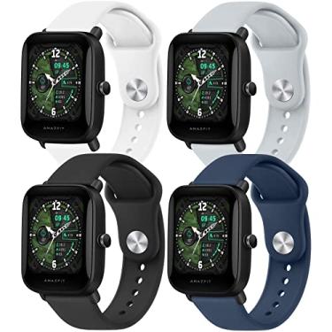 Imagem de Pacote com 4 pulseiras para Amazfit GTS / GTS2 / GTS 2e / GTS 2 mini Band feminino masculino, pulseira de relógio de silicone macio de liberação rápida de 20 mm para Amazfit Bip U Pro / Bip / Bip S / Bip S lite / Bip U (preto + azul marinho + cinza + branco)