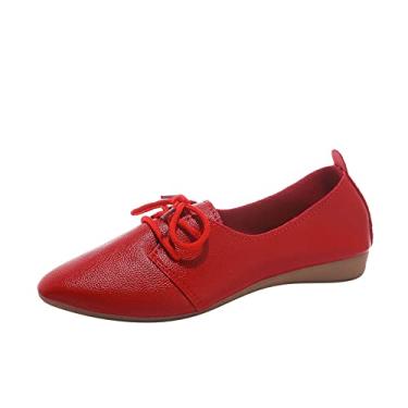 Imagem de Moda feminina cor sólida couro pontiagudo cadarço fundo macio raso sapatos casuais femininos sapatos de plataforma casuais, Vermelho, 7.5