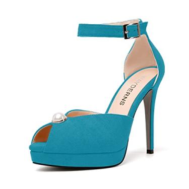 Imagem de WAYDERNS Sapato feminino Peep Toe de camurça plataforma tira no tornozelo fivela moderna salto alto stiletto 11 cm, Azul-petróleo, 10