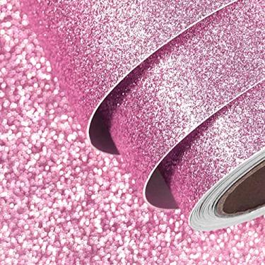 Imagem de FunStick Papel de parede rosa com glitter 40 x 609 cm, papel de parede autoadesivo, glitter rosa, papel de parede para armários, papel de contato rosa decorativo para cômoda de quarto faça você mesmo