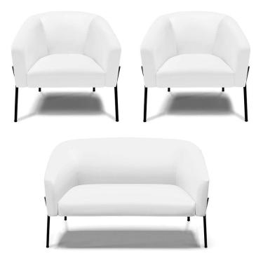Imagem de Sofá Namoradeira e 2 Poltronas Pé de Ferro Preto Stella Corino Branco D03 - D`Rossi