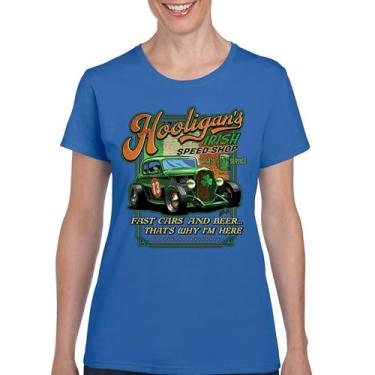 Imagem de Camiseta feminina Hooligan's Irish Speed Shop Dia de São Patrício Vintage Hot Rod Shamrock St Patty's Beer Festival, Azul, M