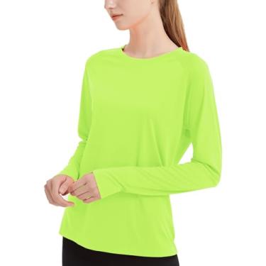 Imagem de QBK Camiseta feminina neon manga longa proteção solar FPS 50+ para caminhadas, pesca, treino, Rash Guard e esportes atléticos, Verde neon, XXG