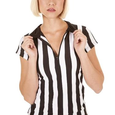 Imagem de redgino Camisa de árbitro feminina oficial zíper preto e branco listra árbitro jersey para basquete futebol hóquei fantasia Halloween e garçonetes M