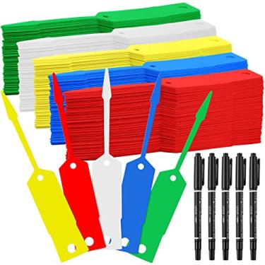 Imagem de 2000 etiquetas de chave de identificação de seta com travamento automático, etiquetas de chave de carro, etiquetas de chave de travamento automático, etiquetas de peças de carro com 5 peças de canetas pretas para materiais de escritório, automotivos, 11,4 x 1,9 cm (cores brilhantes)