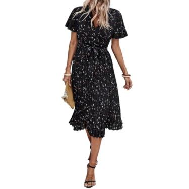 Imagem de Camisa Feminina Allover Print Butterfly Sleeve Belted Dress (Color : Black, Size : M)