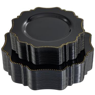 Imagem de COLOSUS Conjunto de pratos de plástico preto, pratos descartáveis pretos resistentes para 50 convidados, inclui 50 peças de prato de jantar de 26,7 cm e 50 peças de prato de sobremesa de 21 cm para