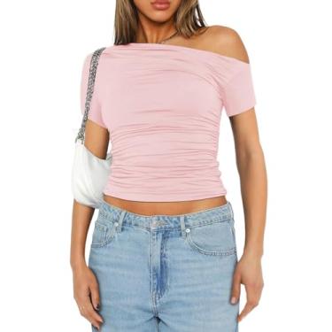 Imagem de Imily Bela Camiseta feminina com ombros de fora, manga curta, caimento justo, franzida, cropped de verão, rosa, G