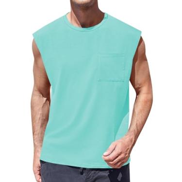 Imagem de ZIWOCH Camiseta regata masculina sem mangas para treino e academia muscular com bolso, Verde lago, GG