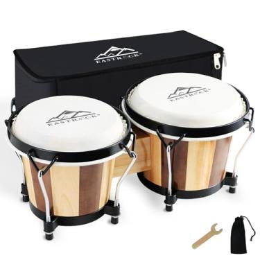 Imagem de EASTROCK Conjunto de bongôs bongôs de 15 cm e 18 cm para adultos, iniciantes, profissionais, instrumentos de percussão de bateria de madeira e metal com bolsa e chave de afinação (listra)