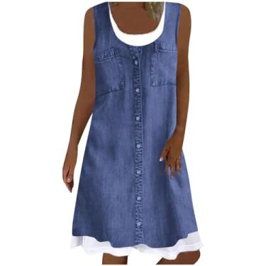 Imagem de Colete feminino sem mangas, gola redonda, jeans sintético, com bolsos, estampado, dois vestidos casuais, plus size, vestidos femininos, Azul, M