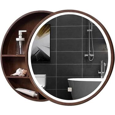 Imagem de Armário de espelho para banheiro redondo com luz Espelho de maquiagem de madeira para quarto com armário de armazenamento Espelho de maquiagem redondo com luz, marrom, 60 cm