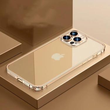 Imagem de TEETSY Capa protetora de vidro de metal de alumínio transparente para iPhone 12 13 14 15 Pro Max [Cor: dourado, tamanho: para iPhone 12 Pro Max]