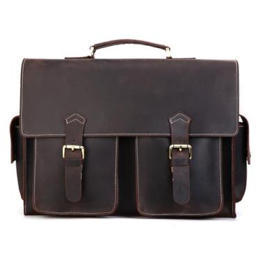 Imagem de Bolsa mensageiro de couro genuíno para homens 17 pasta de couro bolsa para laptop bolsa grande bolsa de ombro escritório trabalho negócios, A
