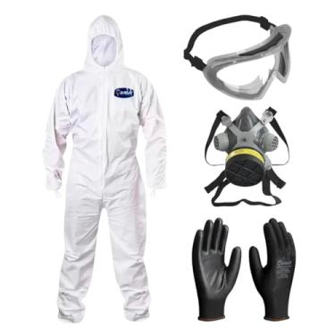 Imagem de Kit Macacão de Proteção Óculos de Segurança Ampla Visão Spider Máscara Respirador Luva de Proteção Poliéster EPI (Branco/Preto, XG)
