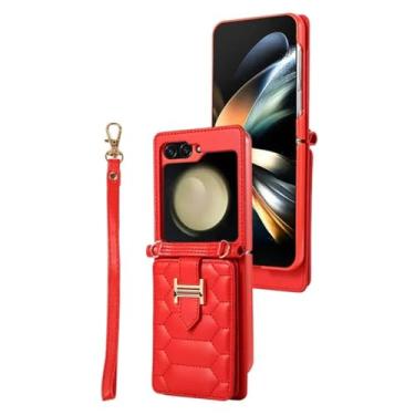 Imagem de Capa de telefone com bolsa de couro com cordão crossbody para Samsung Galaxy Z Flip 5 4 3 Flip5 Flip4 Flip3 Capa de cartão carteira com corda de pulso, vermelha, para Samsung Z Flip 5