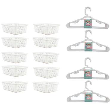 Imagem de Kit 10 Cestos Organizador Médio 20x15,5x6,5Cm Branco + 20 Cabides Bran