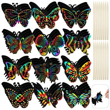 Imagem de Deekin 72 Pieces Butterfly Scratch Cards Rainbow Spring Scratch Crafts Butterfly Party Favors with 36 Pieces Bamboo Stylus for Girls Boys Classroom Games DIY Crafts Home Ornaments, 12 Styles