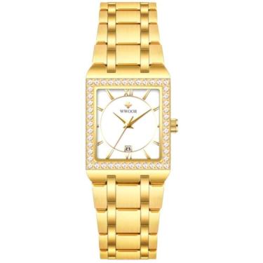 Imagem de Relógio De Pulso Feminino Casual Com Strass Em Aço Inoxidavel Impermeavel Branco Dourado