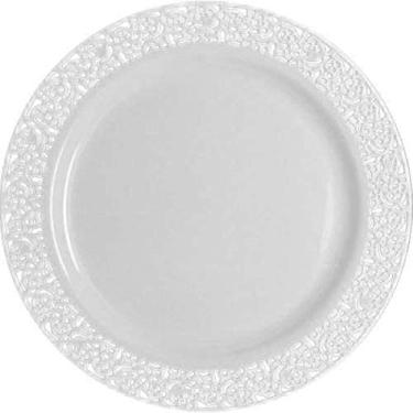 Imagem de Pratos de jantar brancos de plástico com aro branco - 23 cm | Inspiration Collection | Pacote com 10