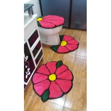Imagem de Tapete Banheiro  Rosas Pink 3 Peças Frufru Fundo Antiderrapante - Vale