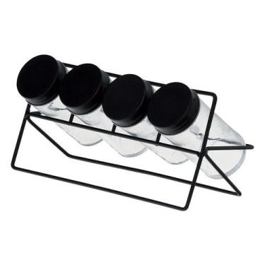 Imagem de Porta temperos condimento vidro 4 frascos suporte em metal - Casa Hera
