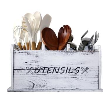Imagem de ST-BEST-P Suporte de Utensílios Rústico de Madeira Branca Grande Organizador de Espátula de Fazenda para Balcão de Cozinha Fazenda, Bancada, Armazenamento de Utensílios de Cozinha (Branco)