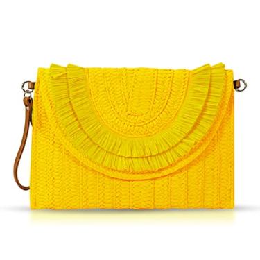 Imagem de QTKJ Bolsas transversais para mulheres, bolsas clutch de palha, pacote de envelope de tecido boêmio, bolsas de mão femininas com borla, Amarelo