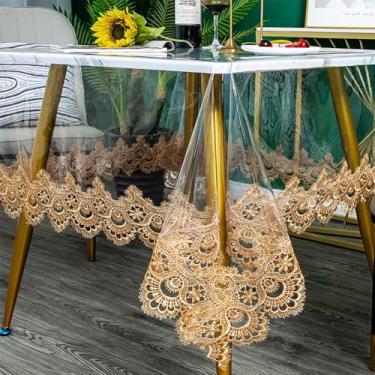 Imagem de JEGPWBKT Toalha de mesa impermeável de plástico transparente, toalha de mesa retangular com macramê de renda, à prova de derramamento de óleo, capa de mesa para mesas de jantar, festas e feriados