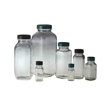 Imagem de Garrafa quadrada francesa Qorpak GLC-01340 com tampa forrada de borracha fenólica preta 43-400, 237 g, transparente (pacote com 84)