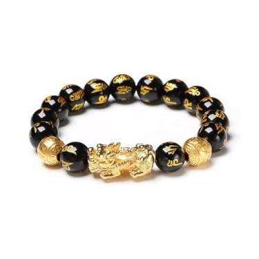 Imagem de IQIC Pulseira FengShui para homens mulheres riqueza boa sorte Pixiu pulseira preta Obsidiana Buda pulseira elástica Buda dragão mantra pulseira de proteção da prosperidade joia, One Size, Liga