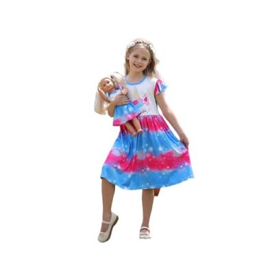 Imagem de Bow Dream Vestido infantil para meninas, manga esvoaçante, listras arco-íris, desenho animado, festa, aniversário, unicórnio, Estampa de unicórnio, 5-6 Anos