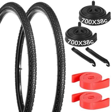 Imagem de yeesport Pneu de bicicleta 700 x 38c, pacote com 2 pneus de cascalho dobráveis 700 x 38c e tubos de bicicleta 40-622 700x38c válvula A/V de 48 mm, pneus de bicicleta de estrada 700c com tiras de aro