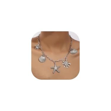 Imagem de Colar com pingente de ouro para mulheres, tartarugas marinhas, conchas, estrela-do-mar, tema de verão, praia, concha, clipe de papel, corrente, colar, surfista, oceano, joias, presentes, Metal, Sem