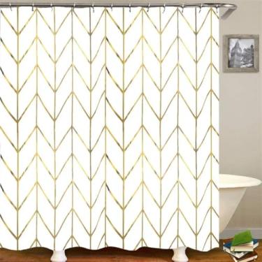Imagem de Cortina de chuveiro com padrão geométrico dourado, ganchos/anéis de cortina de chuveiro dourados, decoração de banheiro de tecido branco com listras douradas, AE16288, 180x210cm, 70x83 pol.