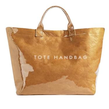 Imagem de ALUSBELL Bolsa grande de PVC para mulheres com impressão de letras, bolsa de ombro de papel kraft, bolsa de ombro transparente Hobo para carregar todas as bolsas, Marrom