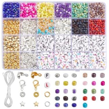 Imagem de SOFPLATE 1 caixa 28 cores 140 g 4 mm kit de contas de semente de vidro kit de pulseira da amizade com 1100 peças de contas de letras espaçadores estrela fecho anéis de salto acessórios para fabricação