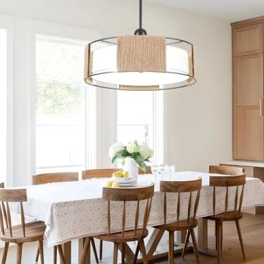 Imagem de SZZYAJG Lustre De Vime De 19,7", Lustre Boêmio De Vime Para Sala De Jantar Com 5 Lâmpadas, Lustre De Tambor Com Abajur De Tecido, Adequado Para Sala De Jantar De Fazenda, Sala De Estar, Cozinha, Qu