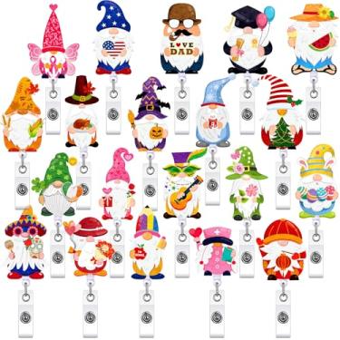 Imagem de 20 peças de bobinas de crachá de Natal retráteis para enfermeiras porta-crachá engraçado bonito clipe de crachá de Páscoa irlandês com clipe jacaré giratório de feltro bordado sortido sazonal cartão de identificação decorativo (Gnome)