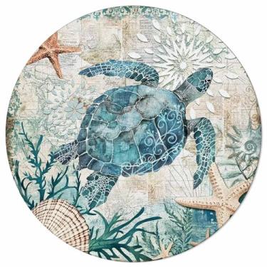 Imagem de Tapete redondo de tartarugas marinhas oceânicas para sala de estar, conchas, algas marinhas, estrela-do-mar, vintage, lavável, tapete macio e felpudo para quarto, berçário, decoração de casa