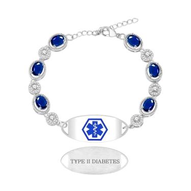 Imagem de Tobestu Pulseira de identificação de alerta médico banhada a platina – joia de segurança de emergência de zircão azul e branco de corte oval para mulheres – YA5732, Adjustable, Aço inoxidável
