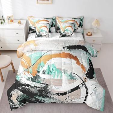 Imagem de Jogo de cama king size laranja em uma bolsa, conjunto de cama ombré, gradiente, preto, branco, cinza, turquesa, pincel de aquarela, pintura a óleo, conjunto de lençol com edredom moderno e arte de