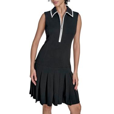 Imagem de Calvin Klein Vestido feminino de crepe sem mangas com gola e gola, Preto, branco, 38
